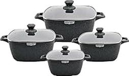 Royalford 4Pcs Die Cast Aluminium Stockpot Set with Glass Lid & Non-Stick Granite Coating | Induction Safe Casserole Set, Cookware Pots | Large Cooking Stockpot, Suitable for Most Types of Hobs, Black