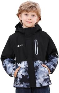 Boys' Waterproof skiing Jacket - Winter Fleece Lined Snowboarding Coat with Hood, Windproof Thermal Outer Shell for Kids Ice Black 11-12