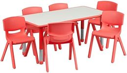 Flash Furniture Emmy Adjustable Classroom Activity Table with 6 Stackable Chairs, Rectangular Plastic Activity Table for Kids, 23.625" W x 47.25" L, Red/Gray