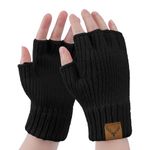 BLURBE Women Fingerless Gloves - Winter Warm Gloves, Wool Blend Soft Knitted Warmer Flip Gloves Outdoor Sport Half-Finger Mitten With Cover, Pure Black