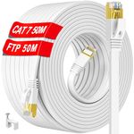 Ethernet Cable 50m CAT 7 Long, Shielded Internet Cable Outdoor Indoor High Speed Flat Network Cable, White RJ45 LAN Cable 50m FTP 10Gbps 600MHz, Gigabit Patch Broadband Cable for Router PC (50 Clips)