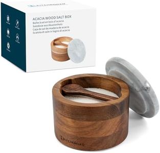 KITCHENDAO Acacia Salt Cellar Box Bowl with Built-in Spoon and Marble Lid, Solid Natural Acacia Wood Bath Sea Salt Container, Elegant Modern Grey and White Marble Lid Spice Bowl, 6oz Capacity
