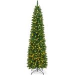 VeryMerry 6FT Pre Lit Christmas Tree Aspen Slim Pencil Tree with 300 Built-In Warm White LED Lights with Auto-Off Timer, 8 Lighting Modes and Foldable Metal Stand