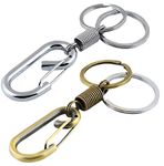 BAMBBLE® Imported Strong Metal Simple Strong Coil Spring Carabiner Shape Hook Clasp Keychain Ring Vintage and Retro Look Design with Double Ring - 2 Pack (Assorted Colour)