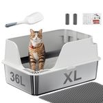 Stainless Steel Cat Litter Box with Lid, XL for Big Cats, High Sided Metal Litter Pan, Anti Leakage,Odor-Free & Easy Cleaning,Included Scoop &Trash Bag*2 & Mat & Sticker (White)
