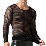 QiaTi Men's See Through T-Shirts Mesh Tops Fishnet Shirt Round Neck Undershirts Long Sleeve Black