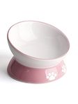 LoeJan Elevated Cat Food Bowl, 5 Oz Ceramic Raised and Tilted Pet Water Bowl, Anti Vomiting and Protect Pets' Spines Cat Dishes for Small Dog, Fat Faced Cat, Kitten (Pink & White, 5 OZ)