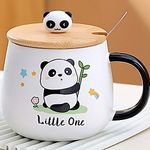 BonZeal Ceramic Birthday Gift for Girls Little One Panda Mug with Lid Spoon Printed Design Tea Coffee Cup Gift for Panda Lovers, Gift for Daughter Son, Gift for Friend 400 ml