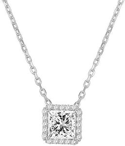 PAVOI 14K Gold Plated Post Faux Diamond Princess Cut Pendant Halo Necklace in White Gold