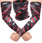 KYRON Bikers Protective Arm Sleeves with neck gaiter face mask bandana headgear for men (RED-BLACK+NECK)