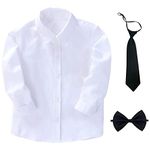 aromm Boys Long Sleeve Dress Shirt Solid White Button Down Oxford Tops with Tie and Bowtie, 140