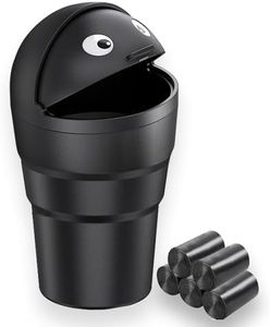 VBGURR Car Bin with Trash Bags，Cute Car Trash Can with Lid，Flip-top Design Car Bins for Front of Car，Small Trash Can for Car, Office, Home (1 PC Car Bin with 5 Rolls Trash Bags)