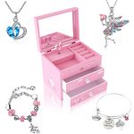 Agitation Kids Unicorn/Castle/Princess Wooden Musical Jewelry Box for Girls with Matching Jewelry Set(Pink Princess1)