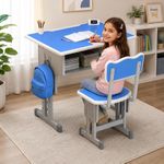 NUCARTURE Kids Study Table with Chair Height Adjustable Computer Table and Chair for Toddlers Children Desk with Storage Cabinet Kindergarten Writing Table (Blue with Grey, Study Table)