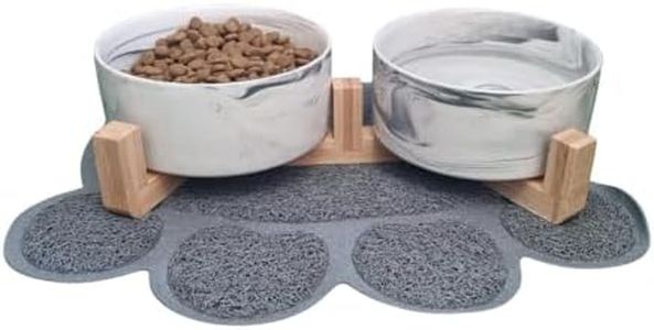 COMEDERO Perro Gato Doble 2 X 850 | CERÀMICA | Cuencos ELEVADOS | Bebedero Perro Gato | Color MÀRMOL | Alfombrilla Antideslizante Forma Huella | DISEÑO Moderno Y Elegante