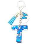 Unpafcxddyig Initials Letter Keychain Blue Tassel Butterfly Pendant for Women Girls Wallet Backpack Purses,Letter T