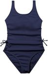 OYOANGLE Girl's Cute Spaghetti Straps Round Neck Drawstring One Piece Swimwear Tie Bathing Suit Dark Blue 14 Years