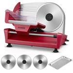 FOHERE 250W Meat Slicer Electric | 3 Interchangeable 19cm Blades(Serrated*2/Smooth*1) | 0-15mm Adjustable Thickness for Deli Bread Meat Cheese & Other Food | Plastic Pusher | Non-Slip Feet | Red