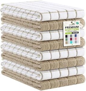 Kitinjoy Premium Kitchen Towels (16"x 28", 8 Pack), Large 100% Cotton Terry 390 GSM Kitchen Hand Towels, Ultra Absorbent Check Design Tea Towels Set with Hanging Loop, Tan