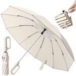 Owme UV Umbrella for Women, Mini Folding Portable 3-Fold Umbrellas | Automatic Open and Close for Rain and Sun Protection, Anti-Slip | Windproof Umbrlla with Carabiner Handle | Chata for Rain - PINK (BEIGE)