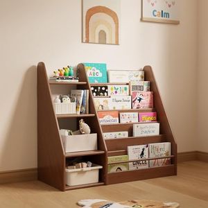 DONGMUWUJEE Solid Wood Kids Bookshelf and Storage Organizer, 7 Layer Children Bookcase, Baby Toddler Wooden Book Shelf, Display Cabinet for Playroom, Bedroom, Classroom, Nursery, School, Walnut