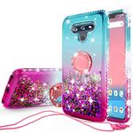 Liquid Glitter Cute Phone Case Kickstand for Compatible LG Stylo 6 / Stylo 6 Plus Case Clear Bling Diamond Bumper Ring Stand Girls Women - Teal/Pink