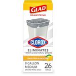 Glad Medium Drawstring Trash Bags with Clorox, 8 Gallon, Lemon Fresh Bleach Scent, 26 Count