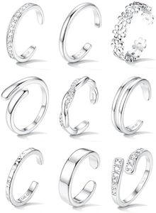FASACCO Gold Toe Rings for Women Non Tarnish Adjustable Open Toe Rings Set Silver Dainty Toe Ring Waterproof Summer Beach Foot Jewelry 9Pcs （Style A