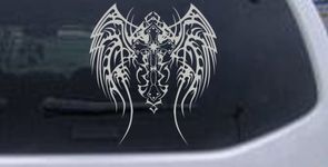 Silver 8in X 8.9in - Tribal Wings and Cross Christian Car Window Wall Laptop Decal Sticker