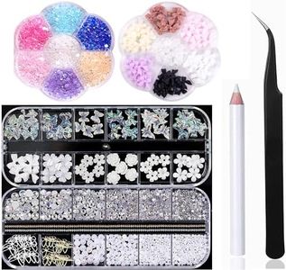 MUEYAN 3D Glitter Nail Charms Butterfly Starry AB Crystal Nail Rhinestones Flower Gems Pendant Pearls Crystal Gems Stones for Nail Art Decoration DIY, with Wax Pencil and Elbow Tweezer