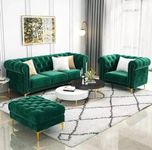 ANTIQUE WOOD ART Velvet Couch for Modern & Fahionalable Chesterfield Sofa 3+1+ Puffy 4 Seater Couches Sleeper Sofa for Living Room, Dining Room, Bedroom, Office, and Hallway. (Dark Green)