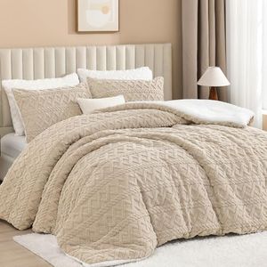 Andency Fluffy Sherpa King Comforter Set, Super Soft Beige Fleece Warm Bedding for Winter, Luxury Jacquard Boho Thick Fuzzy Plush Bed Set 3 Pieces(1 Shaggy Comforter, 2 Pillowcases)