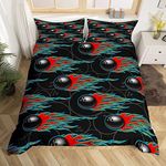 Loussiesd Bowling Ball Bedding Set for Girls Boys Children Hot Rod Flame Red Black Comforter Cover 3D Ball Games Duvet Cover Sports Bedspread Cover King Size 3Pcs