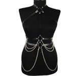 JOYKK Womens Punk Faux Leather Waist Belt Halter Neck Body Chest Harness with Metal Chain Adjustable Buckles O-Rings Roleplay Clubwear Costume