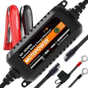 MOTOPOWER MP00205B 12V 1000mA Automatic Battery Charger, Battery Maintainer, Trickle Charger, and Battery Desulfator with Timer Protection - Black Edition