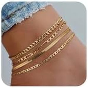 Amicon 4PCS Gold Ankle Bracelets for Women, 14k Plated Gold Stackable Anklet Set Waterproof Herringbone Paperclip Beaded Figaro Cuban Link Chain Beach Anklet Bracelet Jewelry Gift for Women