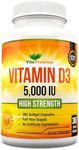 Vitamin D 5000 IU, 365 Easy to Swallow Softgels, High Strength Vitamin D3 5000 IU Supplement - Full Year Supply