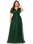 Ever-Pretty Plus Women's Plus Size V-Neck Long Shimmery Flutter Sleeve Pleated Evening Dress 50159, Dark Green, 20