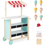 COSTWAY Kids Ice Cream Cart, Wooden Grocery Store Playset with 6 Pieces Play Food, Bell, Chalkboard and Scale, Role Play Dessert Shop Trolley for Ages 3+ (Red Canopy)