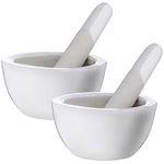 Baluue 2 Sets Mortar and Pestle White Ceramic Small Bowl Stone Grinder Porcelain Medicine Grinding Bowl Pounding Stick for Spice and Pill Crusher 60mm