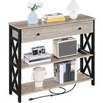 Yaheetech Console Table with 2 Power Outlets and 2 USB Ports, Wood Entryway Table with Drawer and Storage Shelves, Narrow Sofa Couch Table for Living Room, Hallway, Metal Frame, Grey