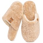 EverFoams Women's Slippers Cosy Fuzzy Faux Alpine Shearling House Shoes Ladies' Memory Foam Slip-ons with Lightweight Non-slip Sole Sand, 5-6 UK