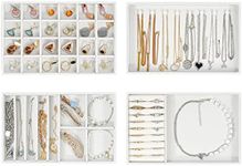 ProCase Set of 4 Stackable Jewelry Display Trays, Jewelry Earring Necklace Bracelet Ring Brooch Organizer Display Case with Removable Dividers for Dresser Drawer -Warmwhite