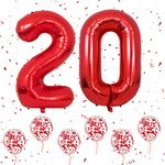 Number 20 Balloons Red, 40Inch Large Foil Number 2 & 0 Balloons with 6 Red Confetti Helium Balloons, 2nd 20th Birthday Balloon for Girls Boys Party Romantic Occasions Anniversary Decorations