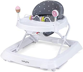 BABY JOY Baby Walker, Foldable Activity Walker Helper with Adjustable Height, Baby Activity Walker with High Back Padded Seat & Bear Toys (Gray, Star Pattern)