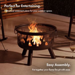VonHaus Portable Fire Pit – Black Bronzed Steel, Mesh Guard & Poker