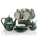 Sweejar Home Porcelain Tea Sets British Royal Series,Cups and Saucer Service for 6, with Teapot Cream Pitcher Teaspoons and Tea Strainer, Suitable for High Tea, Wedding, Party (Jade)