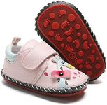 HsdsBebe Baby Boys Girls Pu Leather Hard Bottom Walking Sneakers Toddler Rubber Sole First Walkers Infant Cartoon Slippers Crib Shoes, Giraffe/Pink, 6-12 Months Infant