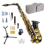 STRICH Eb Alto Saxophone Brass Student Beginner Alto Sax Kit with Hard Case Stand Neck Strap Mouthpiece and Reeds for School Band Home Practice, SSA-31B, Black