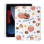 Cute Strawberry Bear for iPad 7th/8th/9th Generation Case with Pencil Holder, Auto Sleep/Wake, White Leather with Clear Soft TPU Back Cover for iPad 10.2 Inch 2019/2020/2021